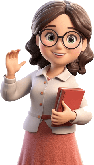 Cute animated female teacher with glasses holding red books and waving – friendly mascot representing welcoming learning environment at GS Trainings Pakistan.